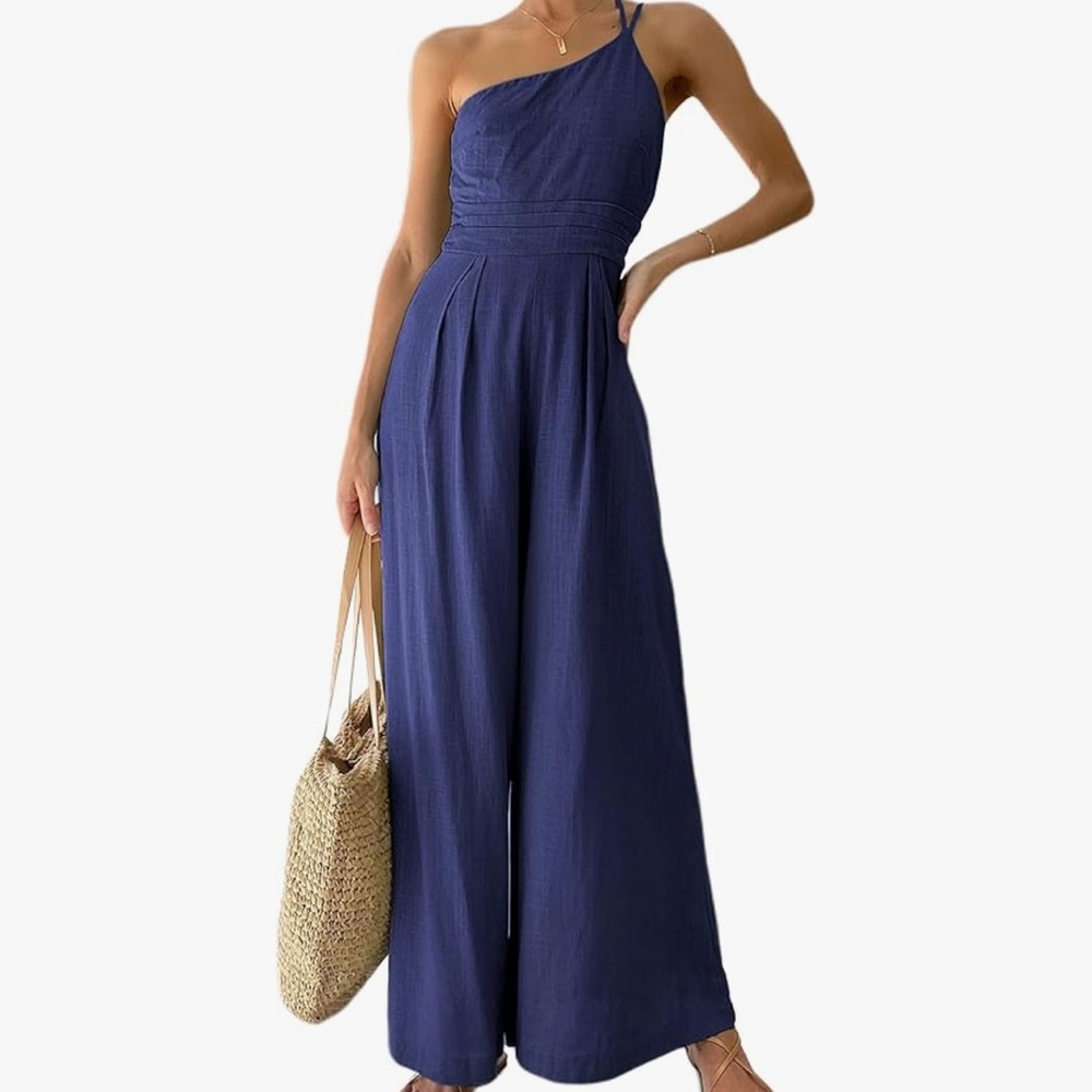 Navy Blue Halter Jumpsuit with Wide-Leg Silhouette